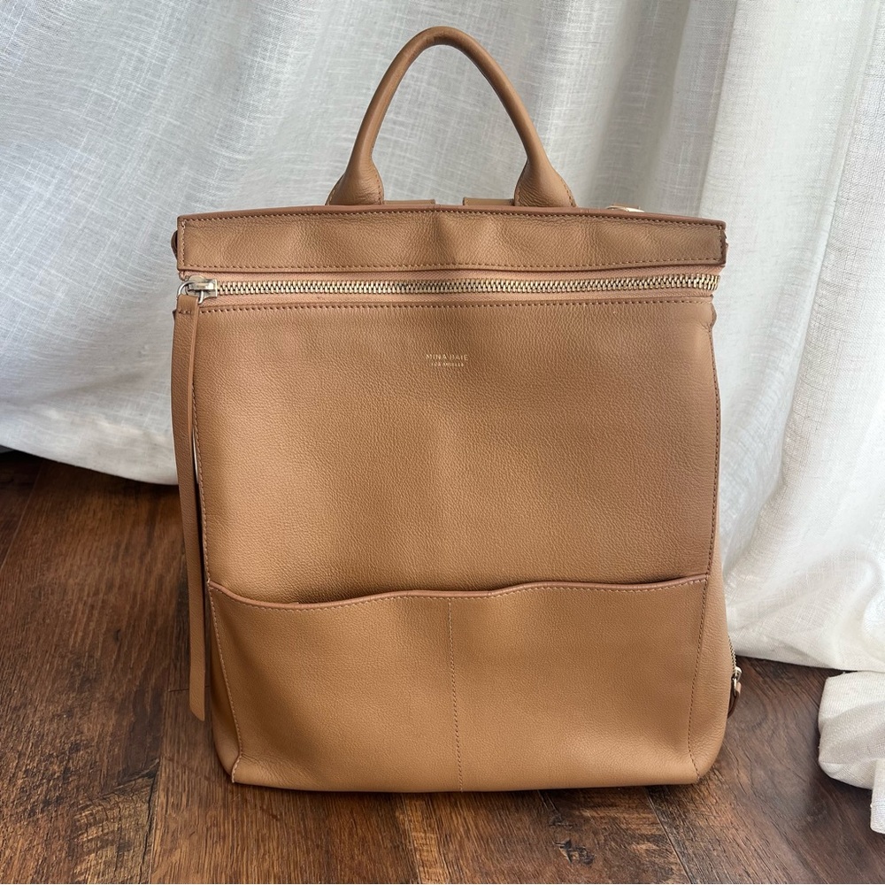 Mina Baie Harper backpack tan full size leather diaper bag